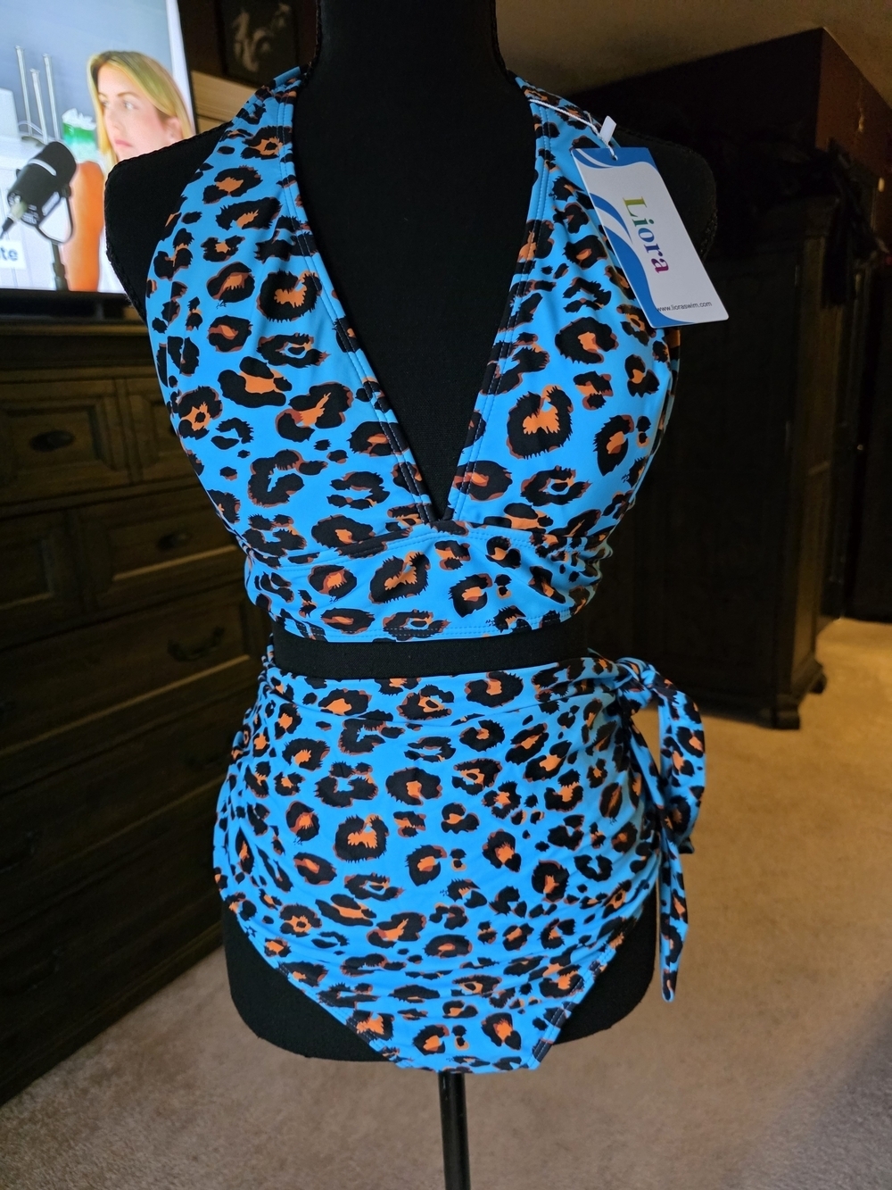 Leona Leopard Print Bikini Set 3XL NWT Blue Halter High Waist Lisa Frank Neon